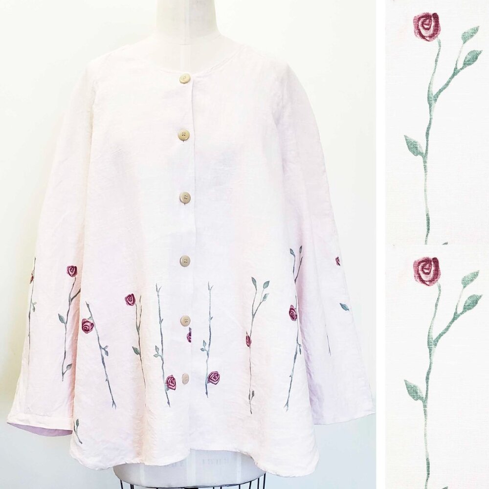 Mill Valley Womens Linen Shirt Jacket Floral Rose Print Pink Lagenlook 2X USA